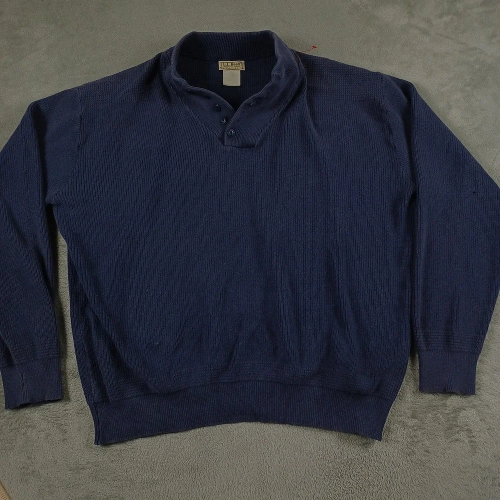 Vintage LL Bean Sweater Mens XLT Blue Knit Outdoor Henley Neck Pullover